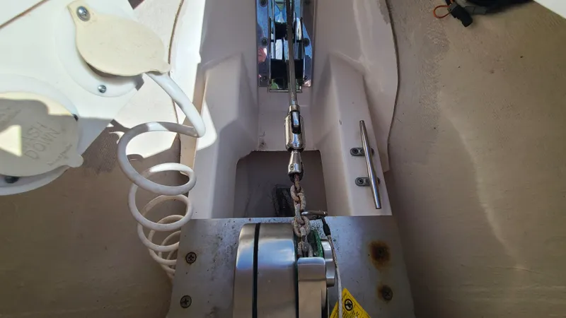  Yacht Photos Pics 2016 Pursuit DC 325 Dual Console anchor chain and winch system close-up.