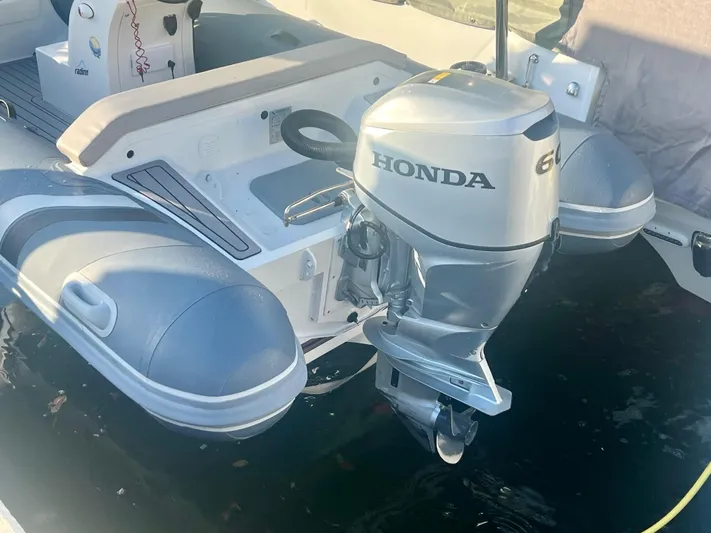  Yacht Photos Pics Inflatable boat with Honda outboard motor, part of a 2017 Lagoon 620 yacht.