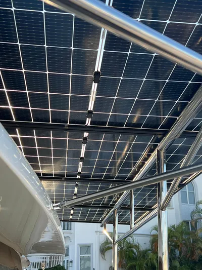  Yacht Photos Pics Solar panels on a 2017 Lagoon 620 yacht, showcasing sustainable energy integration.