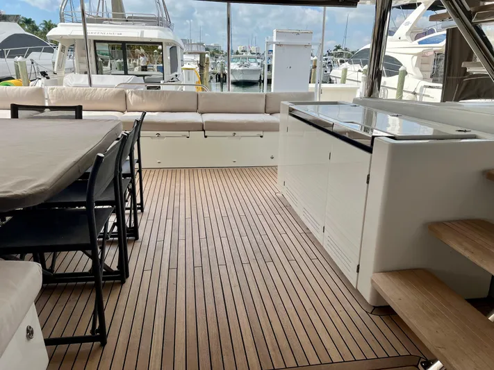 Yacht Photos Pics Spacious deck of 2017 Lagoon 620 yacht with seating and dining area.