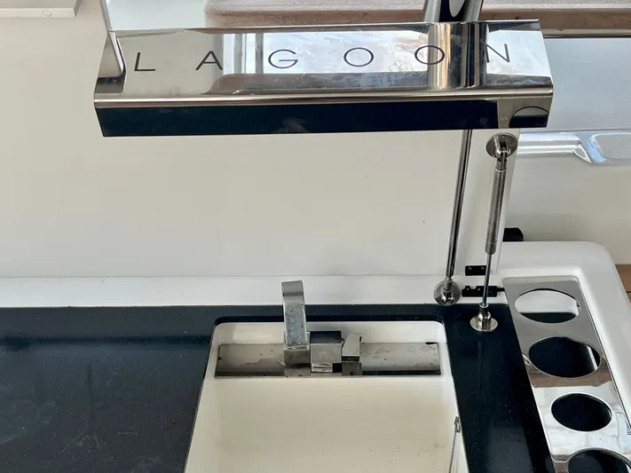  Yacht Photos Pics Modern kitchen sink on a 2017 Lagoon 620 yacht with sleek faucet design.