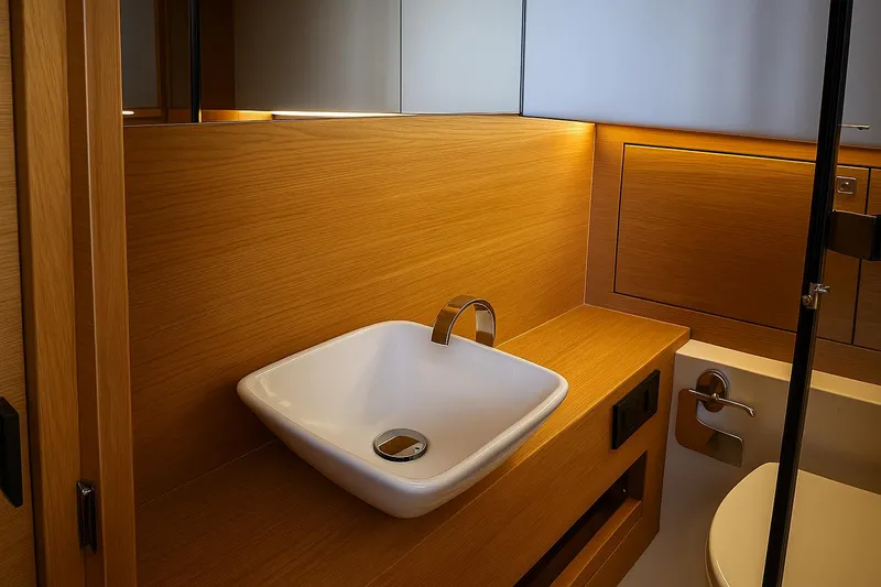  Yacht Photos Pics Luxurious bathroom interior of 2021 De Antonio Yachts D42 with modern sink and wooden finish.