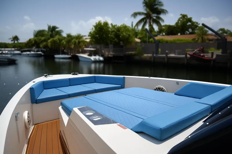  Yacht Photos Pics 2021 De Antonio Yachts D42 with blue seating, docked near palm trees.
