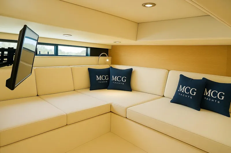  Yacht Photos Pics Luxurious interior of 2021 De Antonio Yachts D42 with plush seating and branded cushions.