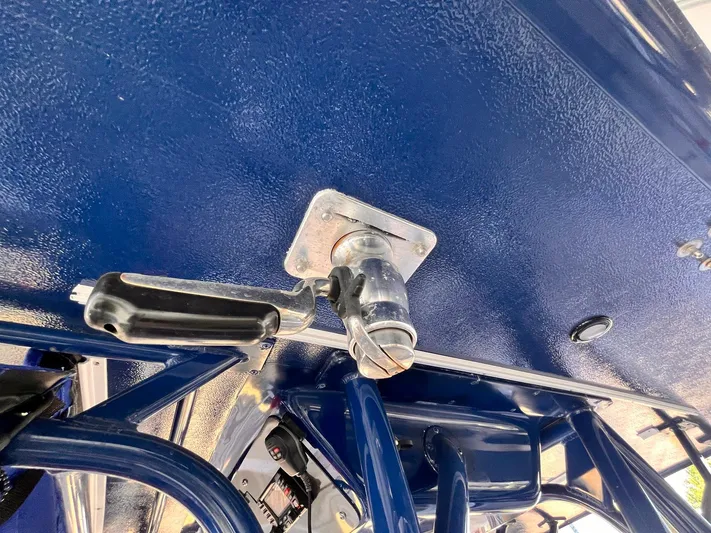  Yacht Photos Pics Close-up of a 2011 Statement 380 Open boat's blue metal structure and hardware.