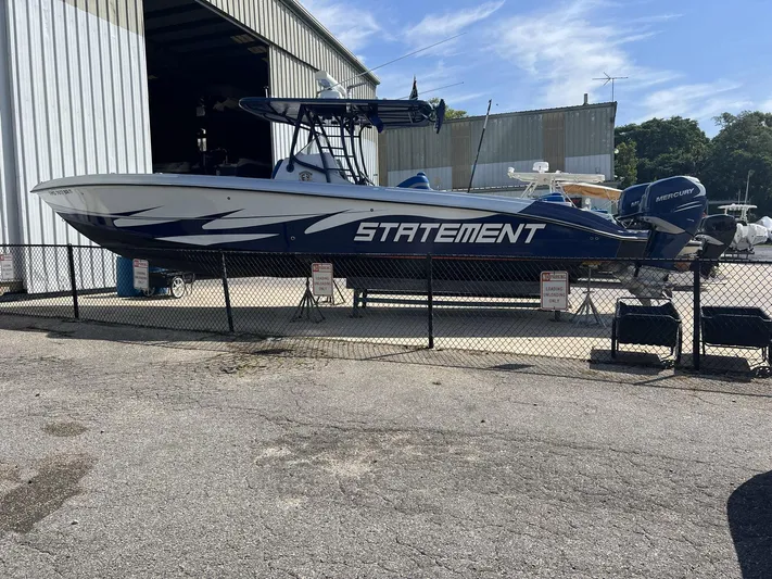  Yacht Photos Pics 2011 Statement 380 Open boat in storage, blue and white design, parked outdoors.