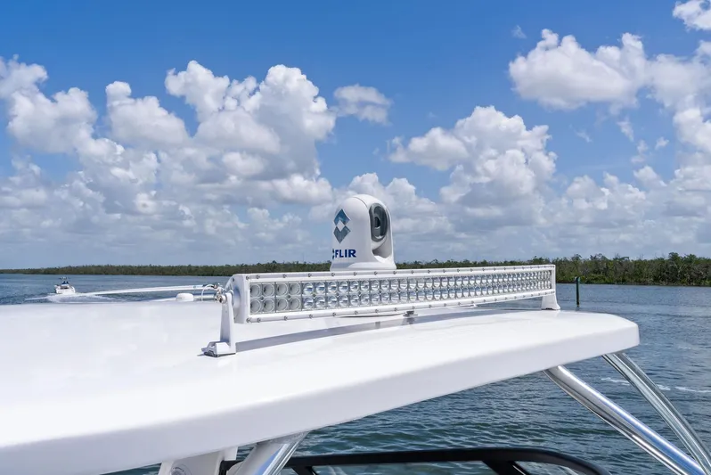 Tide Chaser Yacht Photos Pics 2022 Intrepid 438 Evolution boat with FLIR camera and LED light bar on deck.