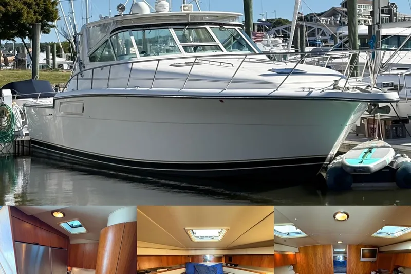 Mokai Yacht Photos Pics 1996 Tiara 4300 Open yacht docked, featuring sleek exterior and luxurious interior cabin views.