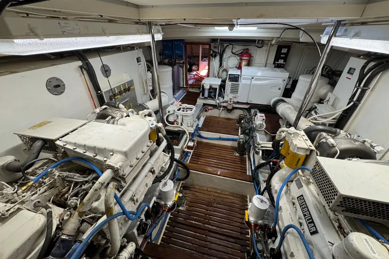 Driftwood Yacht Photos Pics Engine room of 2000 Grand Banks 52 Europa yacht with Caterpillar engines.