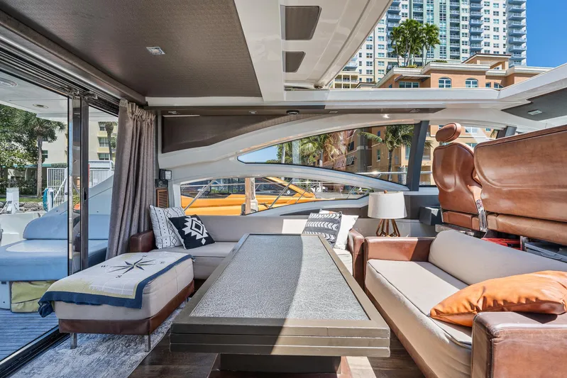 Life Is Great Yacht Photos Pics Luxurious interior of a 2007 Azimut 62S yacht with modern furnishings and cityscape view.