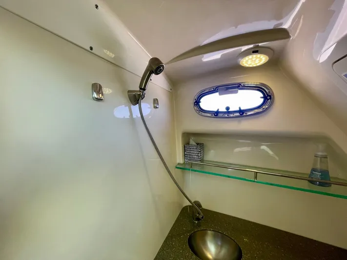 Strike Zone Yacht Photos Pics 2018 Boston Whaler 315 Conquest bathroom with sink, shower, and porthole window.