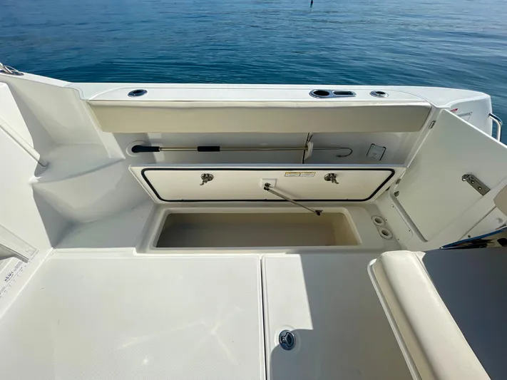 Strike Zone Yacht Photos Pics 2018 Boston Whaler 315 Conquest boat deck with open storage compartments.