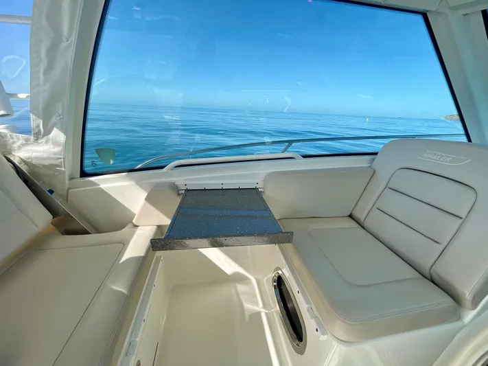 Strike Zone Yacht Photos Pics Interior view of 2018 Boston Whaler 315 Conquest boat with ocean backdrop.