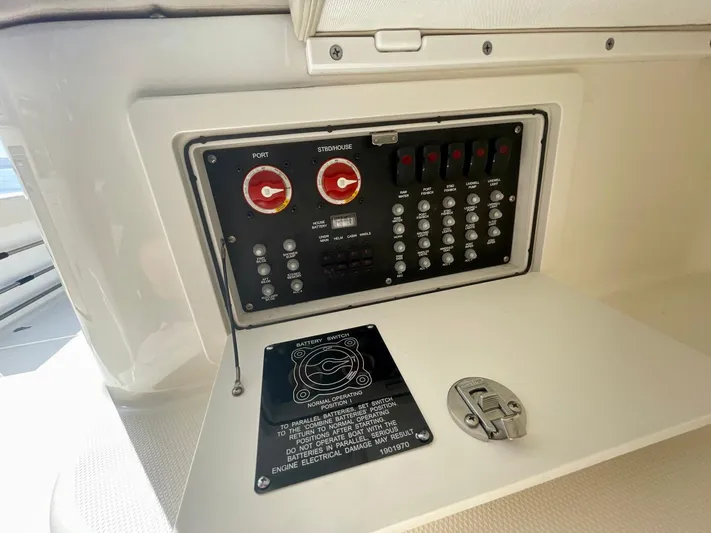 Strike Zone Yacht Photos Pics Control panel of a 2018 Boston Whaler 315 Conquest boat.