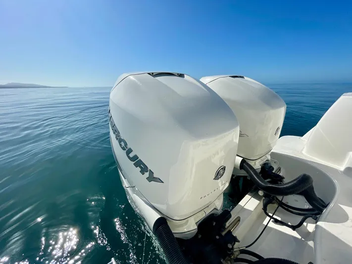 Strike Zone Yacht Photos Pics Twin Mercury outboard engines on a 2018 Boston Whaler 315 Conquest, cruising on calm waters.
