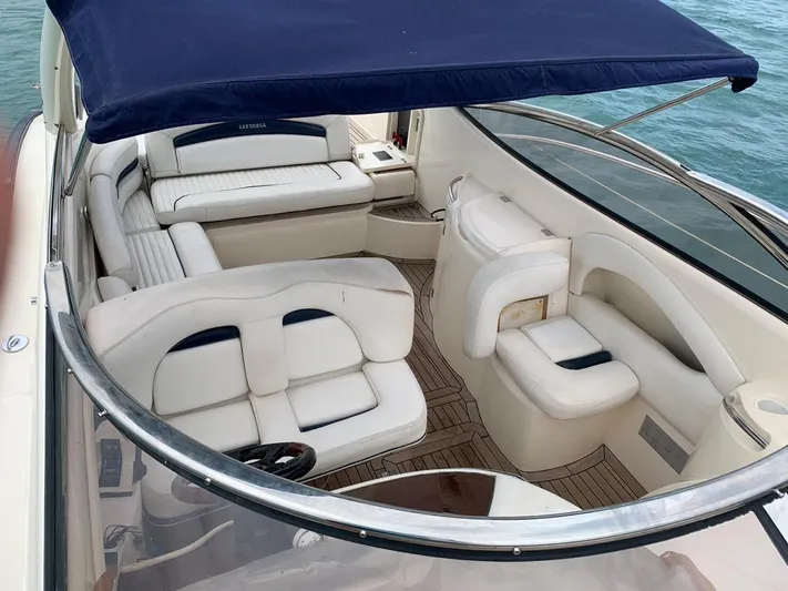  Yacht Photos Pics 1999 Sunseeker Superhawk 34 interior with white leather seating and blue canopy.