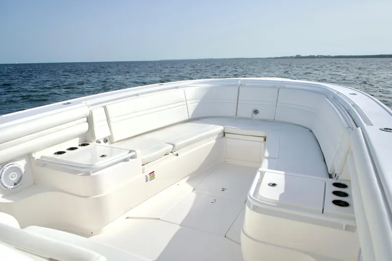 V10 400's Yacht Photos Pics 2015 Intrepid 375 Center Console boat with spacious seating on open water.