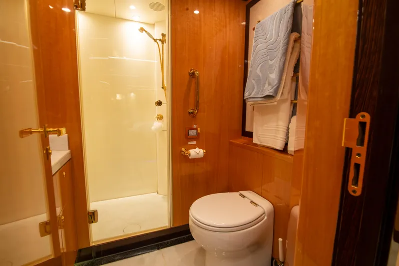 Intrigue Yacht Photos Pics Luxurious bathroom on 2010 Jade 95 Motor Yacht with shower and toilet.