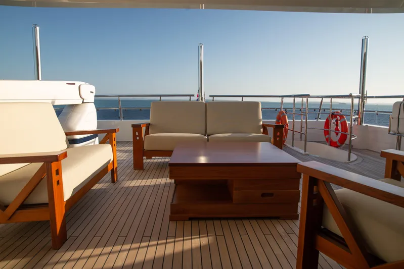 Intrigue Yacht Photos Pics Luxurious deck seating on 2010 Jade 95 Motor Yacht with ocean view.