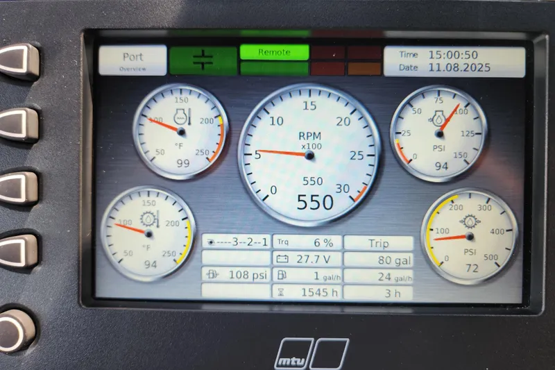 Mirracle Yacht Photos Pics Instrument panel of a 2018 Sunseeker 95 Yacht displaying engine metrics and gauges.