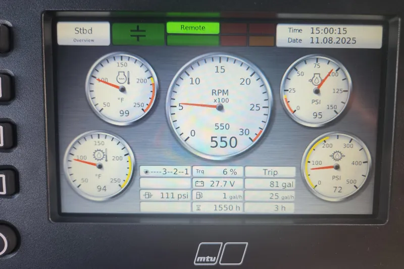 Mirracle Yacht Photos Pics Control panel of a 2018 Sunseeker 95 Yacht displaying engine metrics and gauges.