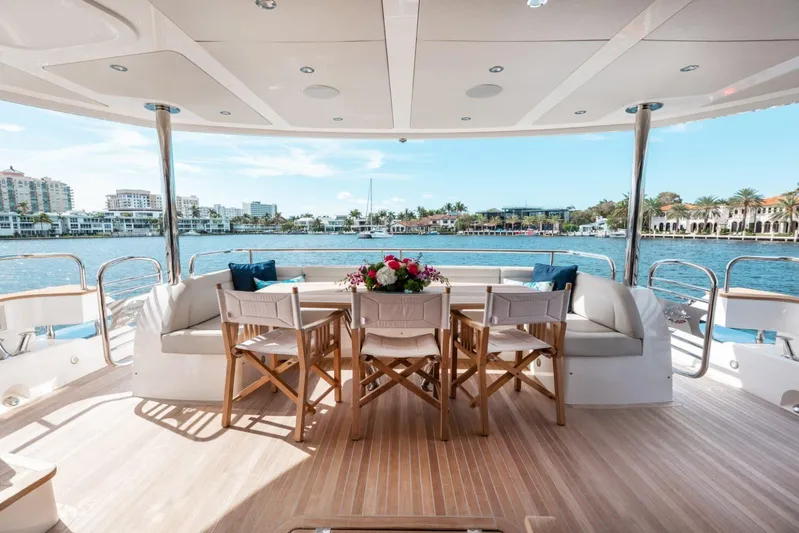 Mirracle Yacht Photos Pics Luxurious 2018 Sunseeker 95 Yacht deck with elegant seating and waterfront view.