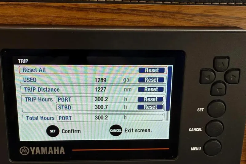  Yacht Photos Pics Yamaha trip display showing fuel usage and trip data on a 2021 Cutwater C-32 Coupe.
