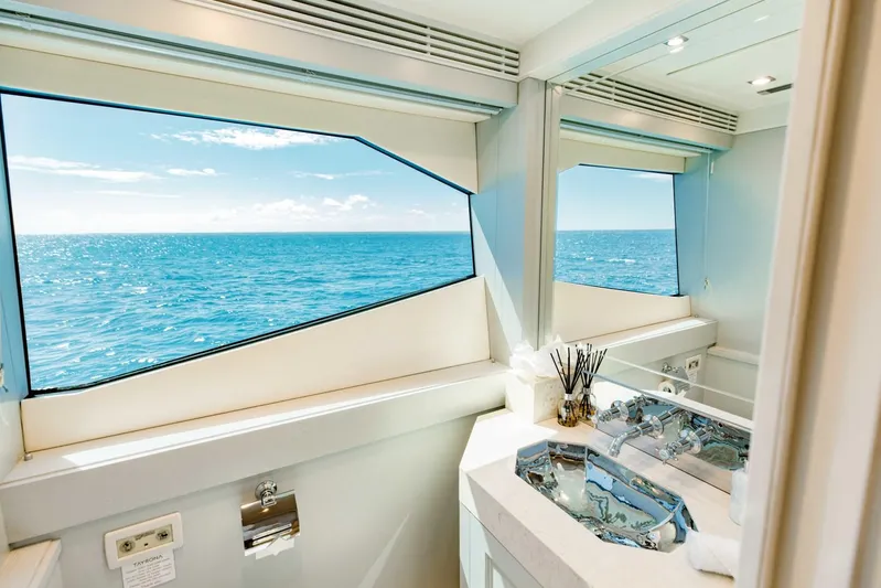 Tayrona Yacht Photos Pics Luxurious bathroom view on 2012 Sunseeker 40 Metre Yacht with ocean backdrop.