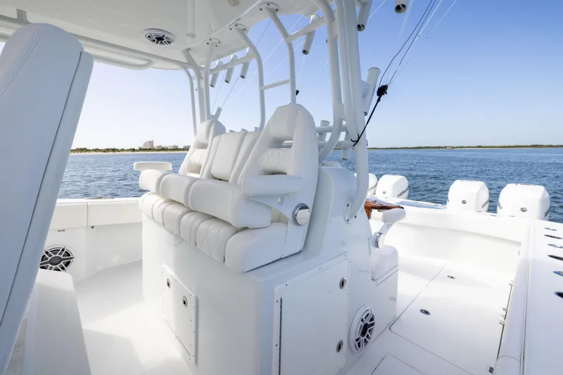  Yacht Photos Pics 2023 Freeman 42 LR boat interior with white seating, ocean view.