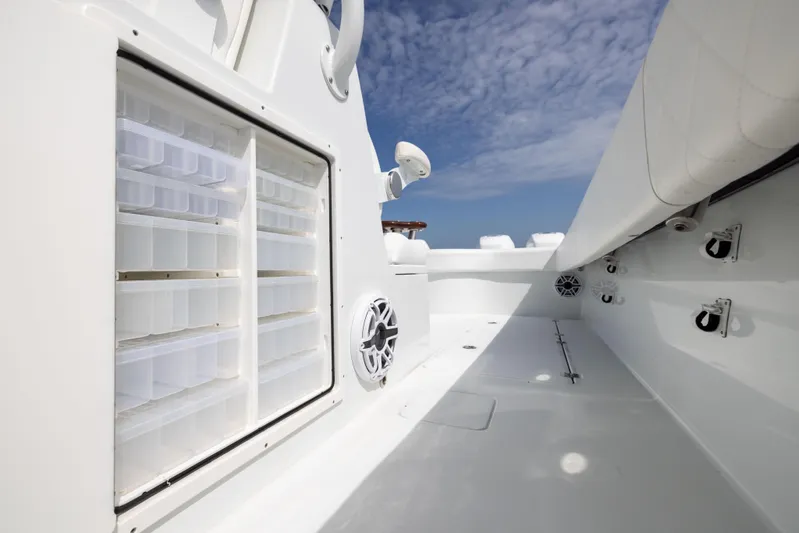  Yacht Photos Pics 2023 Freeman 42 LR boat interior with storage compartments and speakers under a clear sky.