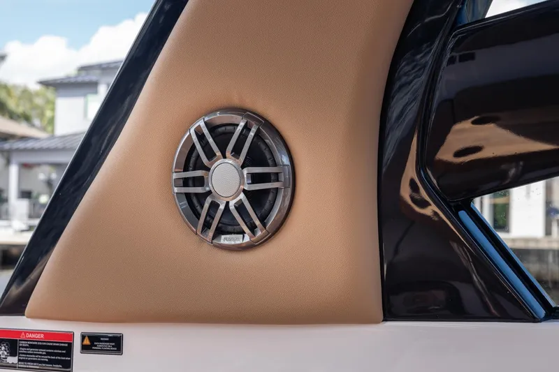  Yacht Photos Pics Speaker detail on 2026 Hanover 305 boat, featuring sleek design and modern aesthetics.
