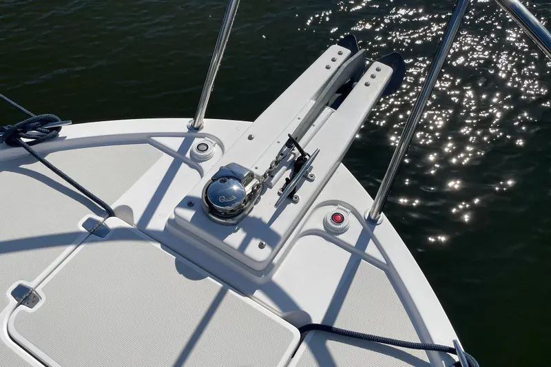 Old Fashioned (reserved) Yacht Photos Pics Bow of 2011 Back Cove 29 boat with anchor and sparkling water.