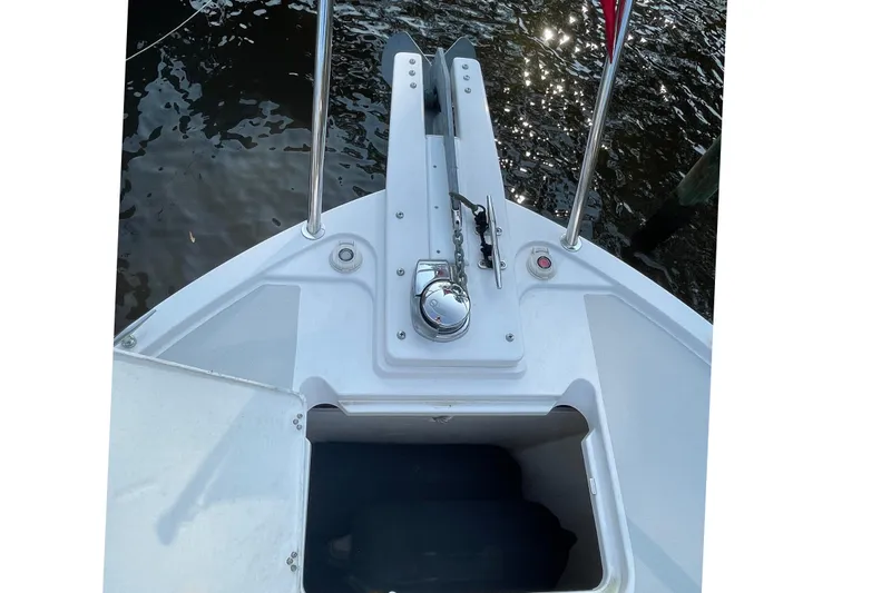 Old Fashioned (reserved) Yacht Photos Pics Bow of 2011 Back Cove 29 boat with anchor and storage compartment.