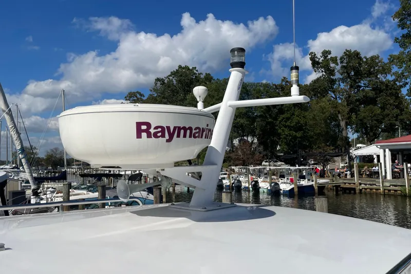 Old Fashioned (reserved) Yacht Photos Pics Radar equipment on a 2011 Back Cove 29 boat docked at a marina.