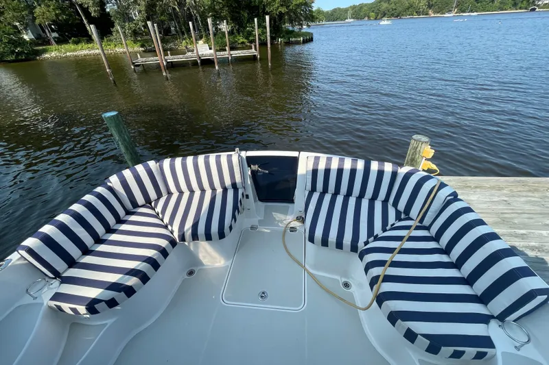 Old Fashioned (reserved) Yacht Photos Pics 2011 Back Cove 29 boat with striped seating, docked by a serene lake.
