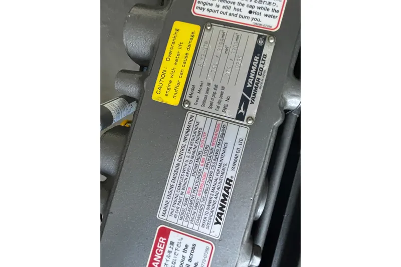 Old Fashioned (reserved) Yacht Photos Pics Yanmar engine label with caution and emission information on a 2011 Back Cove 29 boat.