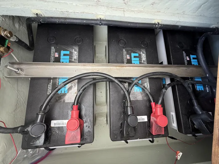 Diastema Yacht Photos Pics Leopard 44 2016 model battery compartment with Lifeline AGM batteries and connected cables.