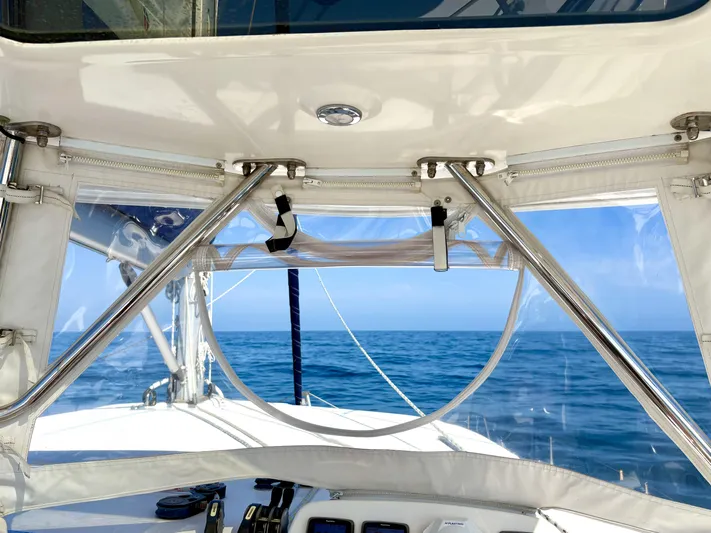 Diastema Yacht Photos Pics Interior view of a 2016 Leopard 44 catamaran with ocean backdrop.