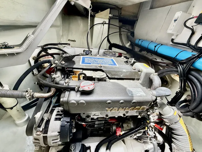 Diastema Yacht Photos Pics Engine room of a 2016 Leopard 44 yacht featuring a Yanmar engine.