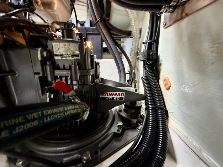 Diastema Yacht Photos Pics Engine compartment of a 2016 Leopard 44 with Yanmar components and wiring.
