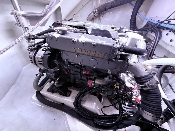 Diastema Yacht Photos Pics Yanmar engine in a 2016 Leopard 44 catamaran, showcasing detailed mechanical components.