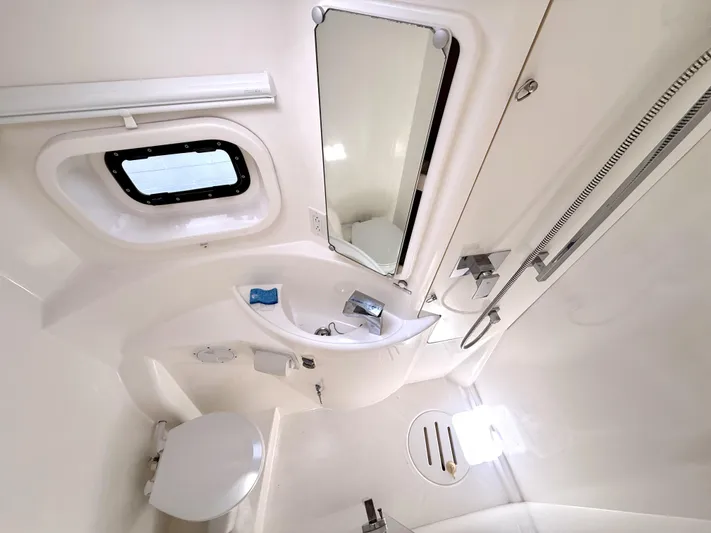 Diastema Yacht Photos Pics Compact bathroom in a 2016 Leopard 44 yacht, featuring a shower, sink, and toilet.