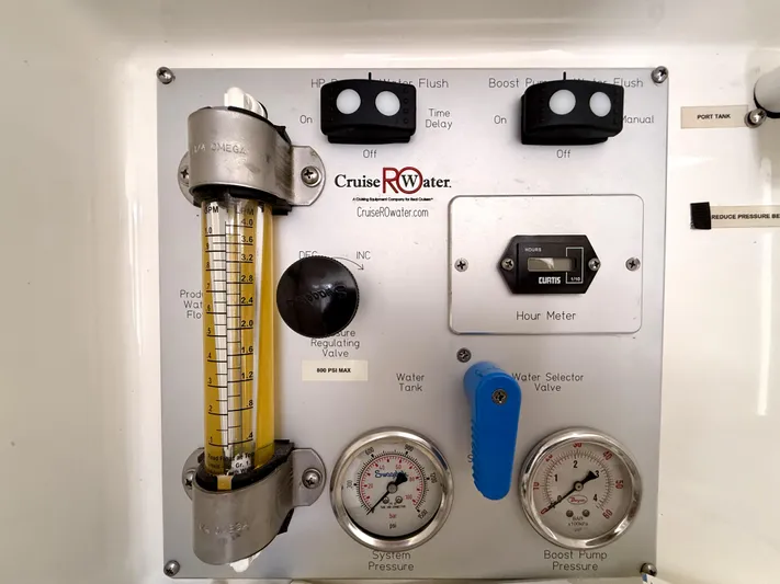 Diastema Yacht Photos Pics Control panel of a 2016 Leopard 44 with gauges and valves for water management.