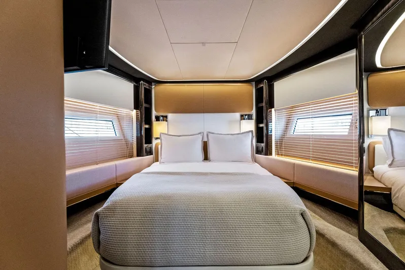 Fantastic Yacht Photos Pics Luxurious bedroom interior of 2019 Azimut 77S yacht with modern design and elegant furnishings.