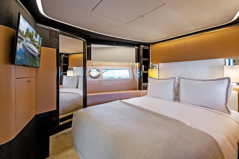 Fantastic Yacht Photos Pics Luxurious bedroom interior of 2019 Azimut 77S yacht with modern design and cozy bedding.