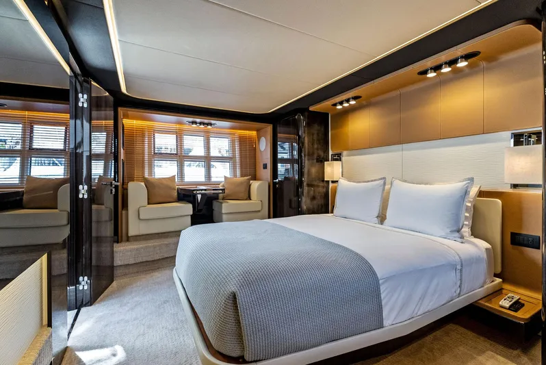 Fantastic Yacht Photos Pics Luxurious bedroom interior of 2019 Azimut 77S yacht with modern design and cozy ambiance.