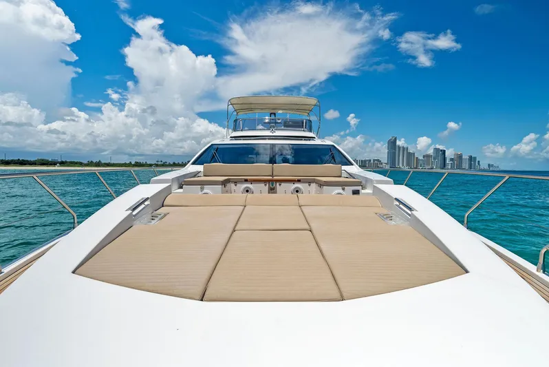 Fantastic Yacht Photos Pics 2019 Azimut 77S yacht with sun deck, ocean view, and city skyline in the background.