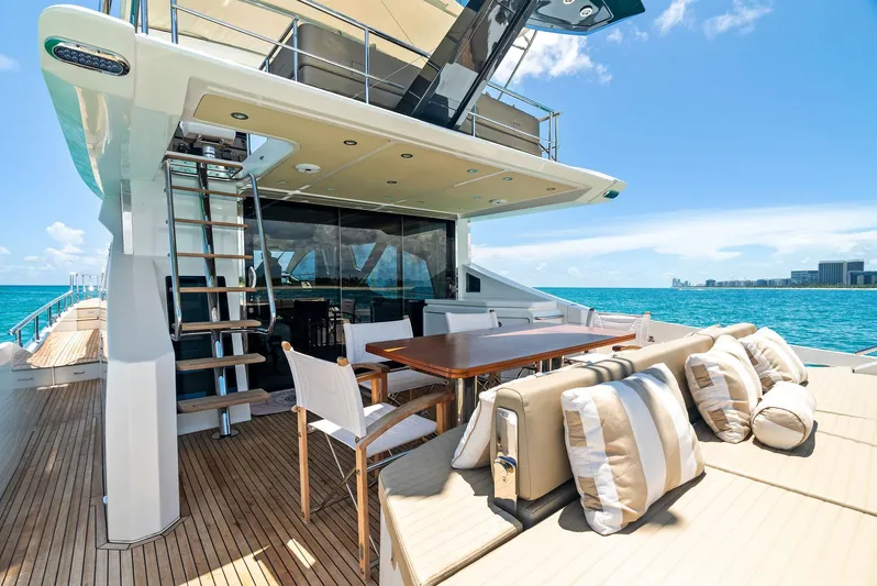Fantastic Yacht Photos Pics Luxurious 2019 Azimut 77S yacht deck with seating, table, and ocean view.