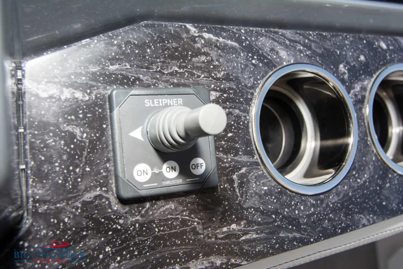  Yacht Photos Pics Control panel of 2024 Fountain 38 SCX boat with Sleipner thruster switch.