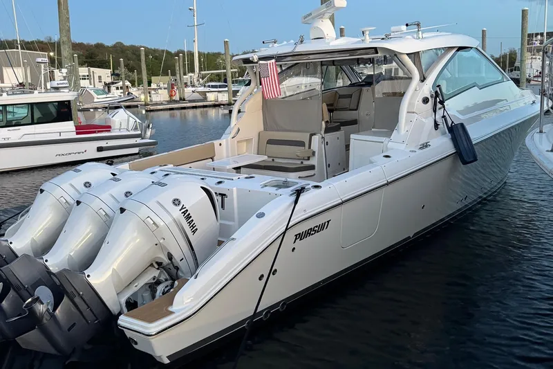  Yacht Photos Pics 2019 Pursuit DC 365 Dual Console boat docked with Yamaha engines.
